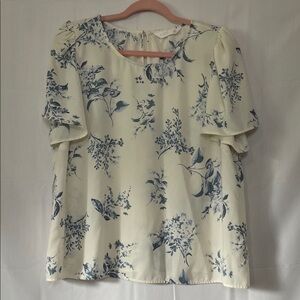 LC Lauren Conrad Cream and Blue Floral Blouse